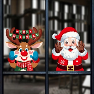 Merry Christmas window stickers featuring Santa Claus and reindeer for holiday decoration