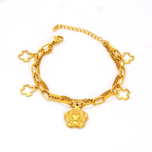 Double-layered gold titanium steel bracelet featuring camellia and clover pendants