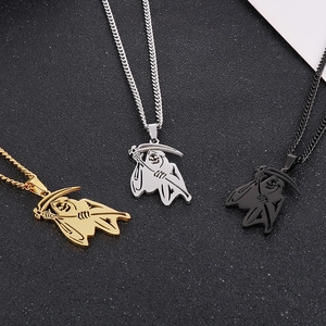 Detailed view of grim reaper pendant necklaces in gold, silver and black finishes