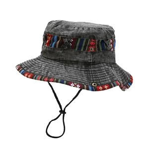 Ethnic washed dark grey bucket hat with colorful jacquard ribbon and windproof cord