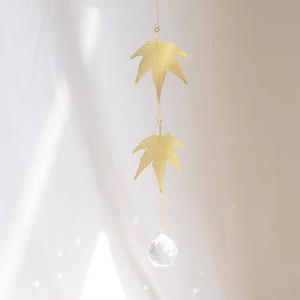 Golden maple leaf suncatcher with crystal ball prism for DIY hanging window decor
