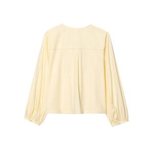 Back view of a casual cream yellow poplin shirt with long sleeves and box pleat design