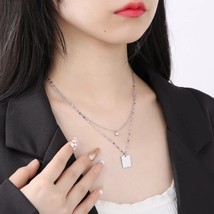 Double-layer silver stainless steel necklace with geometric rectangle and crystal pendants