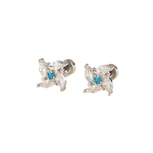 Silver windmill flower stud earrings with blue zirconia and screw-back closure