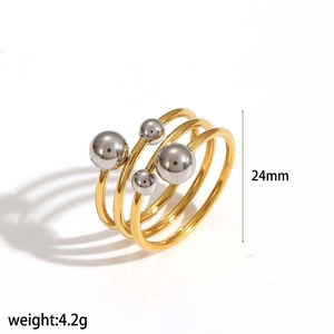 Irregular multilayer gold titanium steel ring with silver beads, 24mm height and 4.2g weight
