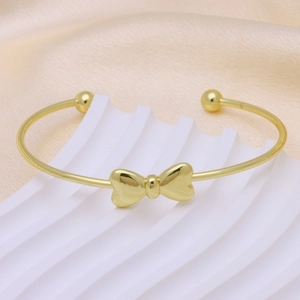 Elegant 18k gold plated bow knot open cuff bracelet with minimalist gold beads