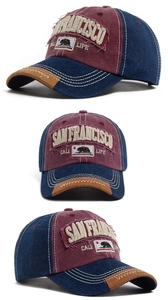 Dettaglio del ricamo vintage San Francisco e del tessuto lavato della berretta da baseball