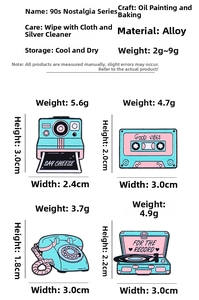 Size chart for vintage 90s nostalgia enamel pins featuring camera and record player icons