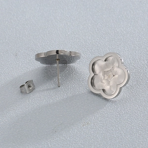 Polished silver stainless steel five-petal flower stud earrings with butterfly backings