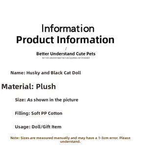 Detailed specifications of plush husky and black cat toys filled with soft PP cotton