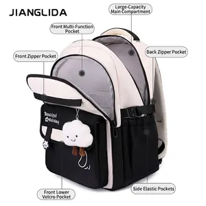 Waterproof school backpack for girls with black and white color block and multi-pocket design