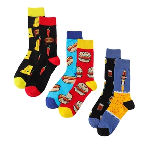 Detailed flat lay of 6 pairs of funny food cotton socks with colorful cartoon graphics