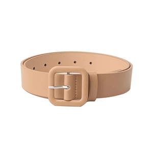 Minimalist khaki PU leather belt for women featuring a square buckle and silver pin