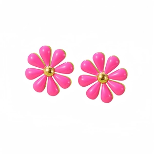 Vibrant daisy flower titanium steel earrings with bright pink petals and golden center