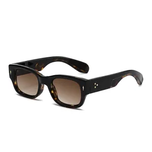 Retro rectangle sunglasses with black tortoiseshell frame and metal rivet accents