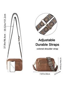 Brown crossbody bag dimensions with adjustable ethnic strap and phone size comparison
