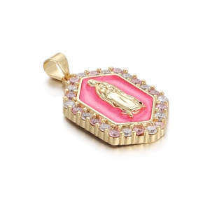 Detailed macro view of a gold hexagonal pendant with pink enamel and zircon accents