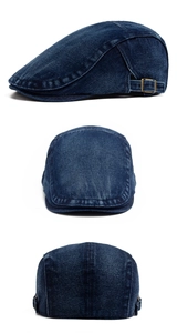 Dettaglio del berretto in denim lavato con fibbia in bronzo regolabile e cuciture