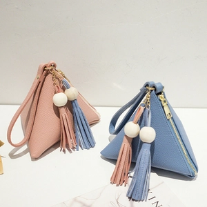 Triangle leather coin purse with lychee texture and tassels in pink and blue