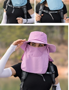 Détail d'un chapeau de soleil léger avec masque facial intégré et protection de la nuque