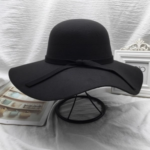 Women Elegant Wide Brim Woolen Felt Hat With Ribbon Bow Retro Round Top Fedora Bucket Hat For Autumn Winter
