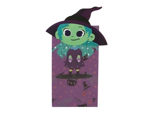 Detail view of purple Halloween paper food bag with a cartoon little witch illustration