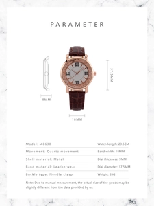 Detailed specs of rose gold quartz watch with brown leather strap and Roman numerals