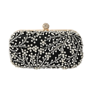 Elegant black evening clutch with floral pearl beading and rhinestone sphere clasp