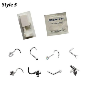 Safety nose piercing kit with 8 unique studs including heart and star shapes plus prep pad