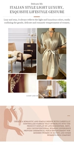 Détail du peignoir en soie champagne avec texture satinée lisse et éclat luxueux