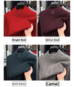 Detail of cable-knit texture and fabric elasticity on men's half-zip standing collar sweater