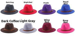 Detailed view of wide brim wool fedora hats in eight colors with leather bands