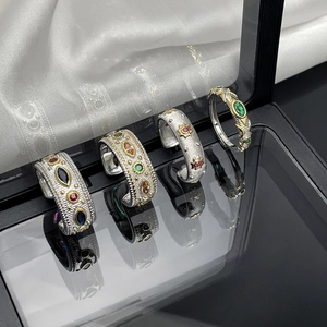 Vintage court style brushed metal open rings set with colorful gemstones for women