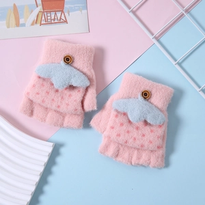 Pink cartoon knit gloves for kids with blue cloud motif and convertible flap design