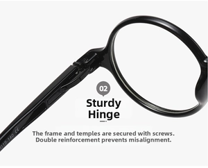 Macro view showing durable metal hinges and 19-140 CE certification mark on eyeglass frame