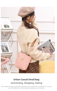 Pink quilted crossbody bucket bag with gold clasp shown on a shoulder in a cozy setting