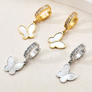 Stainless Steel Butterfly Drop Earrings With Zircon And Shell Inlay Huggie Hoop Elegant Jewelry For Women