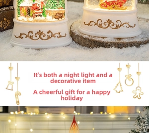 Detailed view of Santa Claus snow globe night lights with warm festive lighting decor