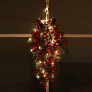 Christmas teardrop swag with PE red berries, pine needles, and warm white LED lights