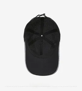 Detail showing inner mesh structure and adjustable snapback of the black baseball cap