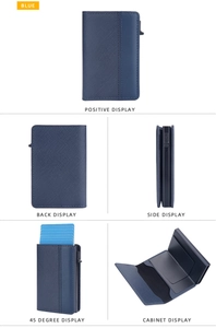 Detailed multi-angle views of blue RFID blocking card holder for men with contrast stitching