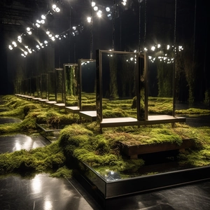 Esposizione artistica di specchi da terra neri minimalisti su un prato di muschio naturale
