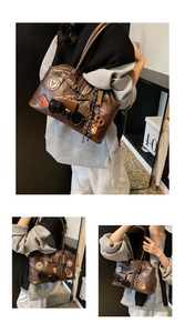 Détails du sac fourre-tout vintage en cuir marron avec écussons brodés et breloque lunettes