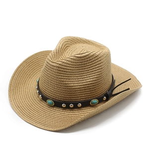 Detail of straw cowboy hat featuring black leather band with turquoise and silver studs