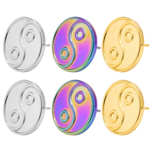 Detailed view of 304 stainless steel Tai Chi stud earrings in silver, gold, and rainbow colors