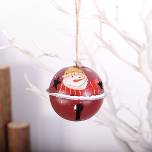 Clochette de Noël rouge en métal avec motif bonhomme de neige sur décor bois