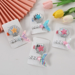 Mermaid shell and sequin pearl hair clips set for little girls in multiple colors
