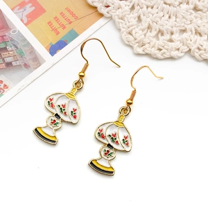 Vintage lamp enamel earrings with S925 hooks and floral pattern on white lace background