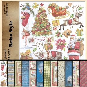 Close-up of 12 retro Christmas scrapbook papers with Santa, reindeer and vintage patterns