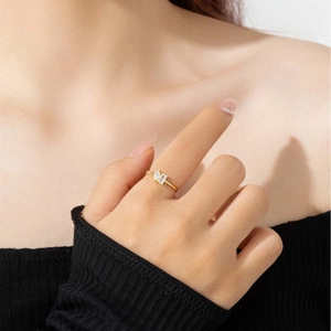 Close-up of golden s925 silver ring with zircon stones worn on model finger